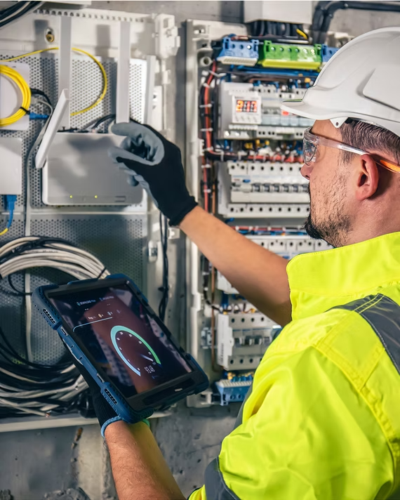 Engenheiro a trabalhar num painel elétrico